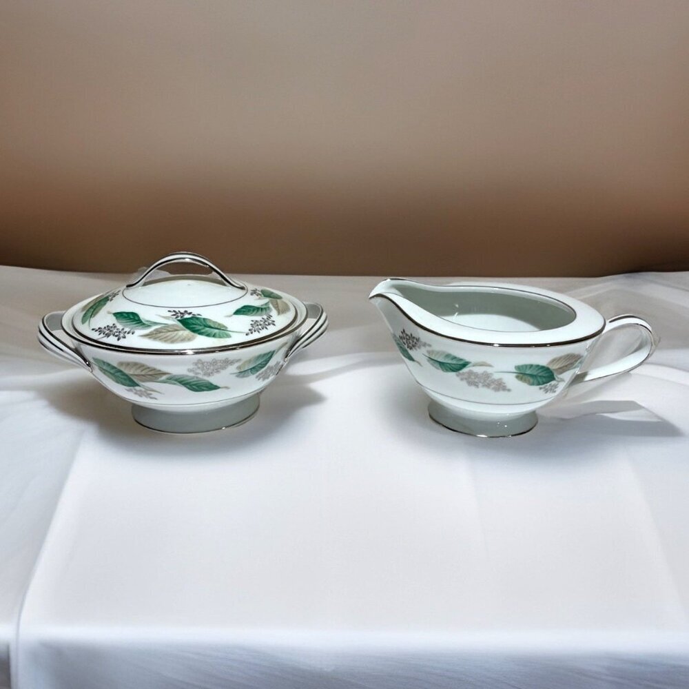 Vintage Noritake Lynwood 5307 Creamer & Covered Sugar Bowl Green Leaf Japan